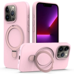 For iPhone 15 Pro Max Liquid Silicone MagSafe Magnetic Phone Case with Ring Holder(Grey Pink)