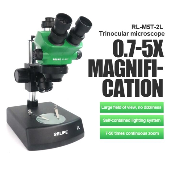 RELIFE RL-M5T-2L Trinocular Microscope Green/Black 7-50 times Zoom High-quality Lighting Device Adjustable Angle and Brightness (Green)