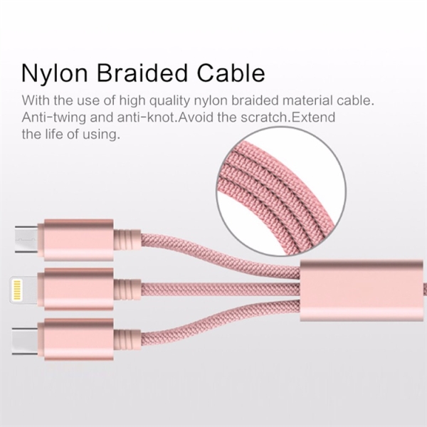 3 in 1 USB Charging Cords Nylon Metal Braid Data Sync 1.2M