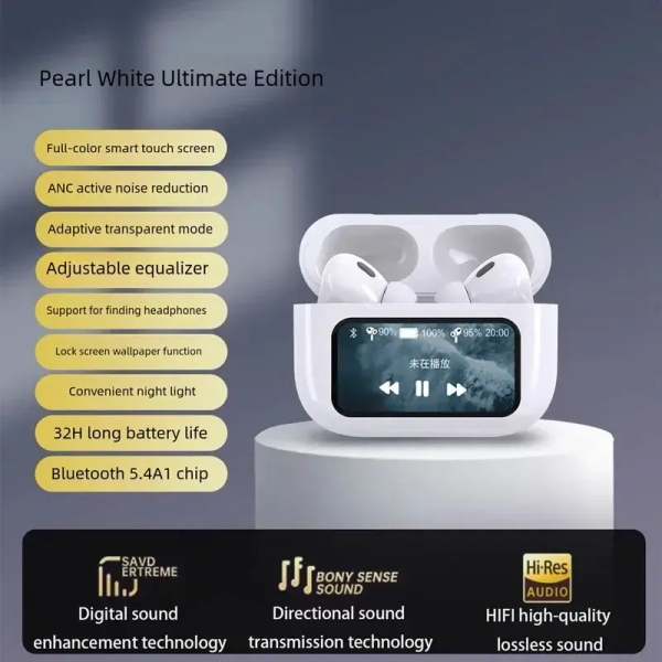 A9 Pro White ANC/ENC Bluetooth 5.4 Wireless Headphones With Intelligent Display