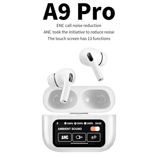 A9 Pro White ANC/ENC Bluetooth 5.4 Wireless Headphones With Intelligent Display