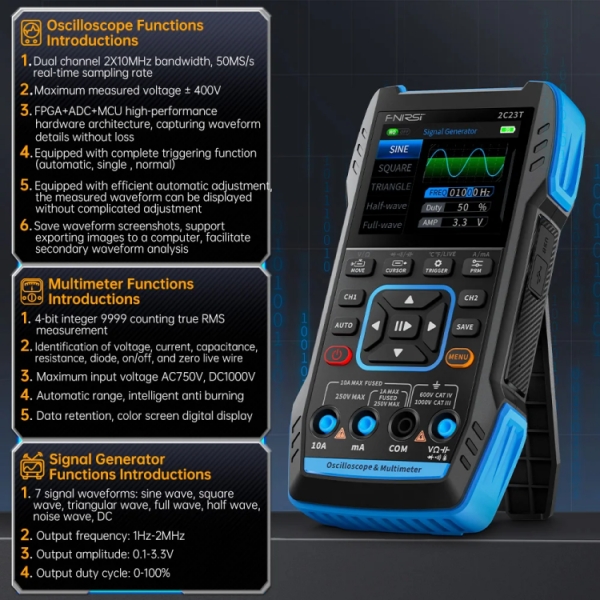 Fnirsi 2C23T Handheld 3-in-1 Dual Channel Digital Oscilloscope + Multimeter + Signal Generator