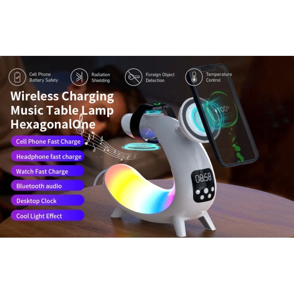 15W Wireless Fast Charge Device With Lamp & Speaker & Clock