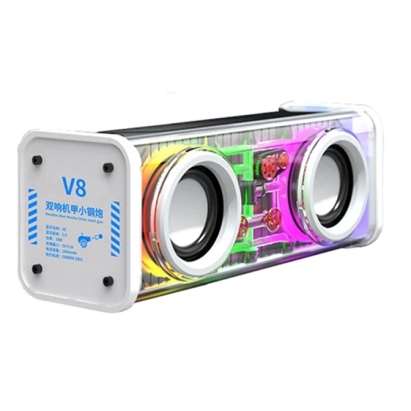 V8 Transparent Mecha Music Speaker Bluetooth 5.0 Wireless Subwoofer with RGB Light