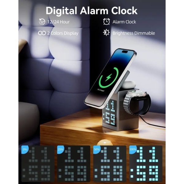 6-in-1 Magnetic Wireless Charger Pixel Art Bluetooth Speaker with LED Display Digital Alarm Clock