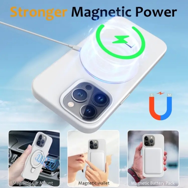 For iPhone 16 Pro Max Liquid Silicone MagSafe Magnetic Phone Case with Ring Holder(White)