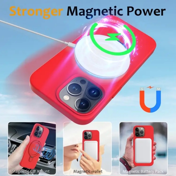 For iPhone 16 Pro Liquid Silicone MagSafe Magnetic Phone Case with Ring Holder(Red)