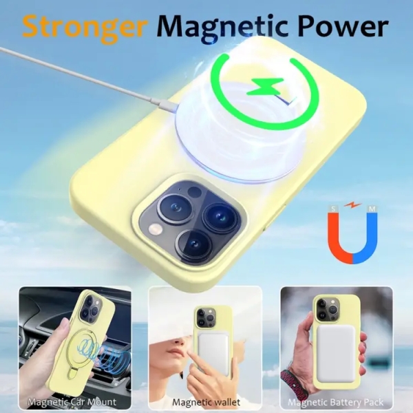 For iPhone 16 Pro Liquid Silicone MagSafe Magnetic Phone Case with Ring Holder(Yellow)