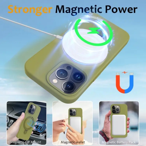 For iPhone 12 Pro Max Liquid Silicone MagSafe Magnetic Phone Case with Ring Holder(Willow Green)