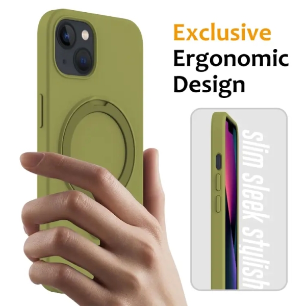 For iPhone 14 Liquid Silicone MagSafe Magnetic Phone Case with Ring Holder(Willow Green)