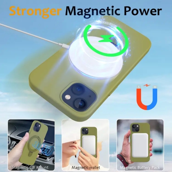 For iPhone 14 Liquid Silicone MagSafe Magnetic Phone Case with Ring Holder(Willow Green)