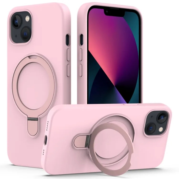 For iPhone 14 Liquid Silicone MagSafe Magnetic Phone Case with Ring Holder(Grey Pink)