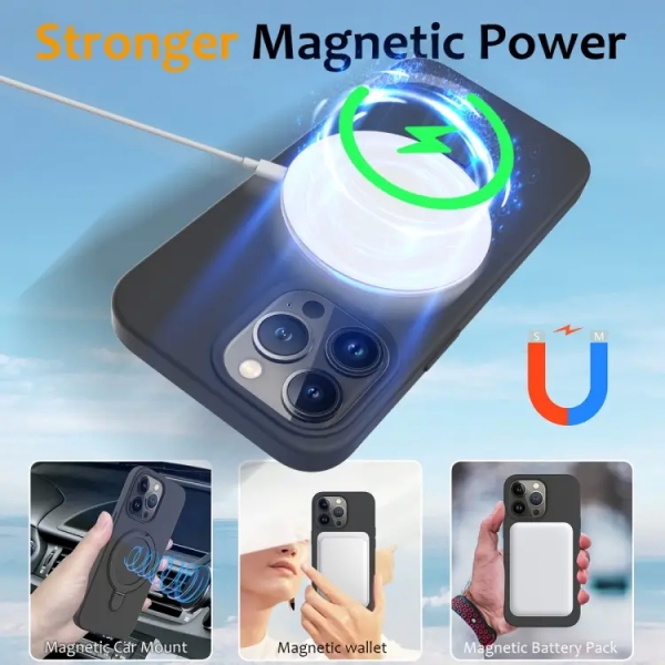 For iPhone 13 Pro Liquid Silicone MagSafe Magnetic Phone Case with Ring Holder(Carbon Black)