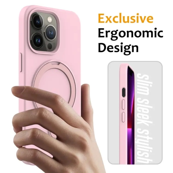 For iPhone 14 Pro Max Liquid Silicone MagSafe Magnetic Phone Case with Ring Holder(Grey Pink)