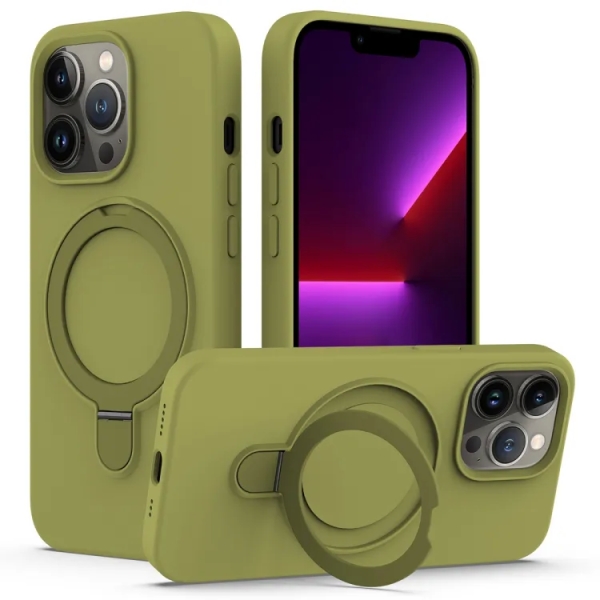 For iPhone 14 Pro Liquid Silicone MagSafe Magnetic Phone Case with Ring Holder(Willow Green)