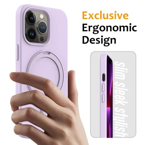 For iPhone 14 Pro Liquid Silicone MagSafe Magnetic Phone Case with Ring Holder(Lilac Purple)