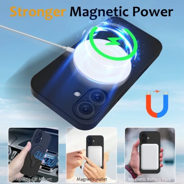 For iPhone 16 Plus Liquid Silicone MagSafe Magnetic Phone Case with Ring Holder(Black)