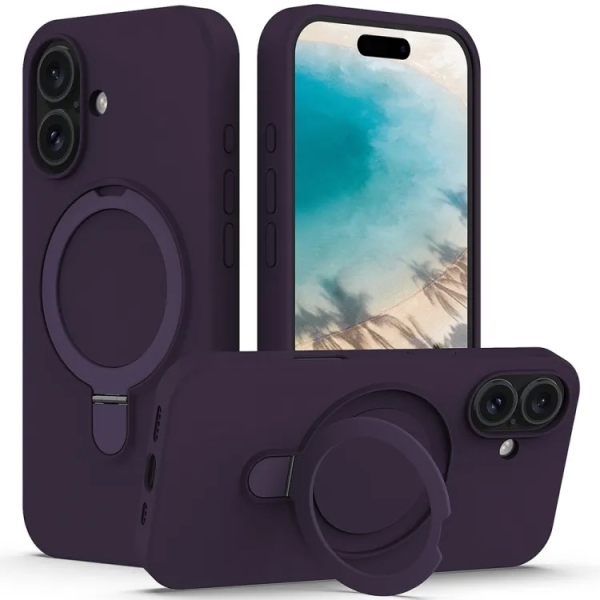 For iPhone 16 Plus Liquid Silicone MagSafe Magnetic Phone Case with Ring Holder(Purple)