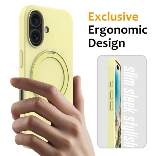 For iPhone 16 Plus Liquid Silicone MagSafe Magnetic Phone Case with Ring Holder(Yellow)