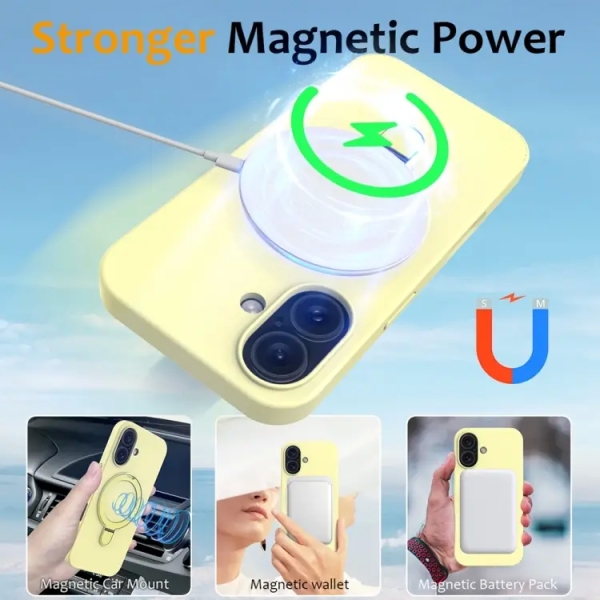 For iPhone 16 Plus Liquid Silicone MagSafe Magnetic Phone Case with Ring Holder(Yellow)