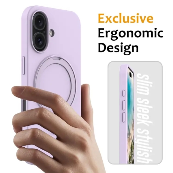 For iPhone 16 Liquid Silicone MagSafe Magnetic Phone Case with Ring Holder(Lilac Purple)