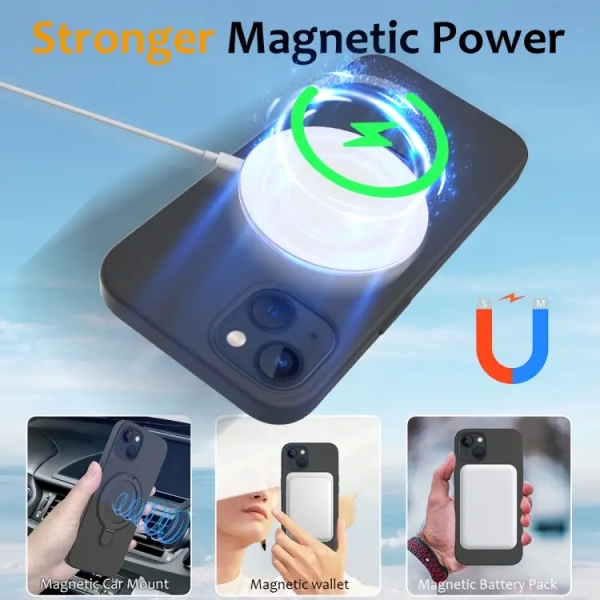 For iPhone 14 Liquid Silicone MagSafe Magnetic Phone Case with Ring Holder(Carbon Black)