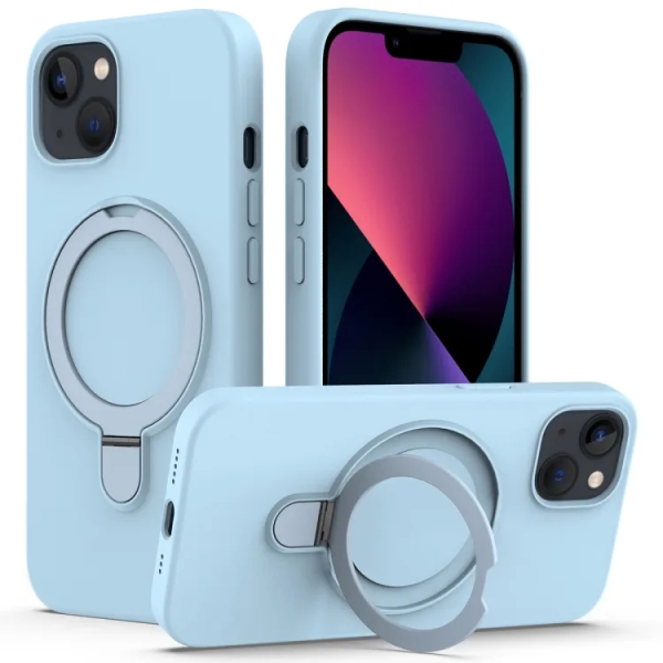 For iPhone 15 Liquid Silicone MagSafe Magnetic Phone Case with Ring Holder(Sky Blue)