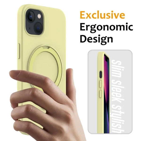 For iPhone 15 Liquid Silicone MagSafe Magnetic Phone Case with Ring Holder(Yellow)