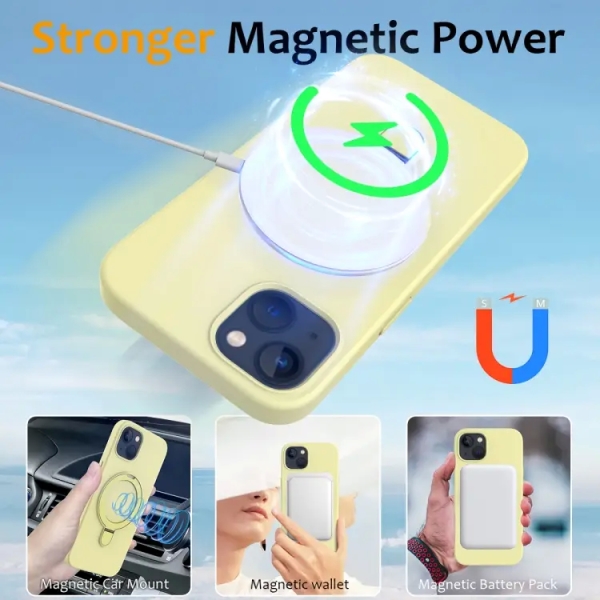 For iPhone 15 Liquid Silicone MagSafe Magnetic Phone Case with Ring Holder(Yellow)